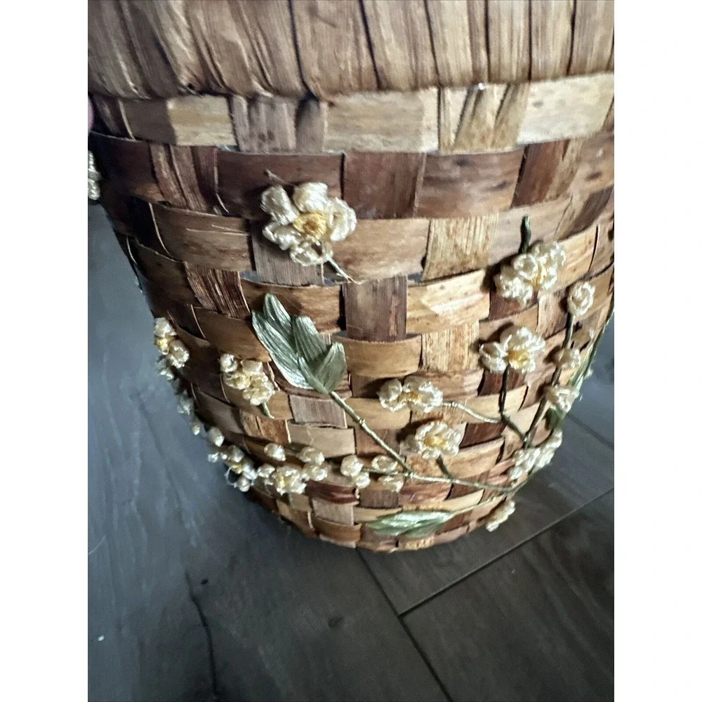 Vintage Floral Woven Rattan Basket Or Planter Kitchen Trash‎ Can Decor 10